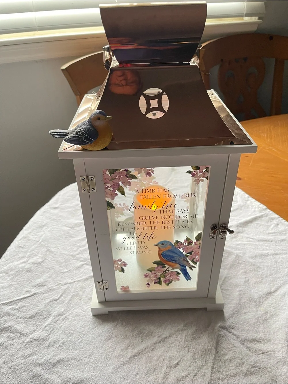 White & Copper Bird Memorial Lantern Decorative Cabinet with Floral Glass